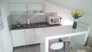 a white kitchen with a microwave and a sink at Guest House Villa Herbarium in Slavonski Brod