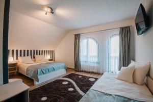 a hotel room with two beds and a tv at Pensiunea Biz Panzió in Corund