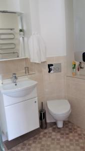 ein Badezimmer mit einem weißen Waschbecken und einem WC in der Unterkunft Eliksyras Apartment in Vilnius