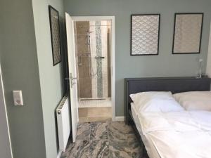 a bedroom with a bed and a walk in shower at Neues Zimmerapartment mit Bad in Neckarwestheim
