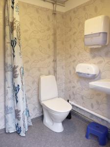 La salle de bains est pourvue de toilettes et d'un lavabo. dans l'établissement 2/4 persoons stuga lyx, à Hammarstrand