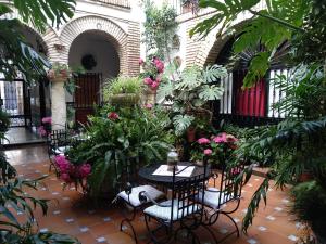 a courtyard with tables and chairs and plants at Pensi&oacute;n Los Arcos in C&oacute;rdoba