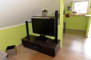 TV de pantalla plana en un stand en la sala de estar en Apartament u Robsona, en Wilkasy