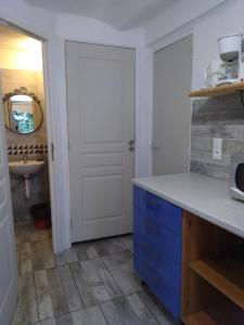 a kitchen with blue cabinets and a white door at Villa Azur Cap d'Ail in Cap d'Ail