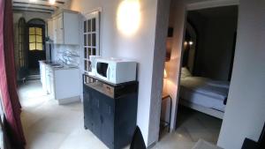 a kitchen with a microwave on top of a stove at Villa Azur Cap d'Ail in Cap d'Ail