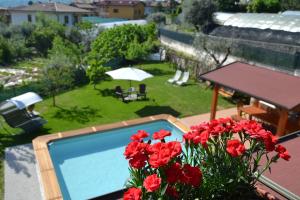 a view of a swimming pool with red flowers at Villa La Veranda in Salò