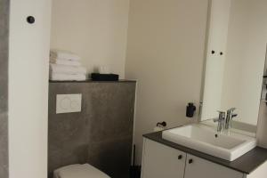 ein Badezimmer mit einem Waschbecken, einem WC und einem Spiegel in der Unterkunft CITYSTAY in Antwerpen
