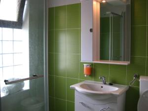 a green bathroom with a sink and a mirror at Vila Verda in Eforie Nord +19 photos