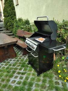 una parrilla de barbacoa con un plato de comida. en Hotelik Komandor, en Władysławowo