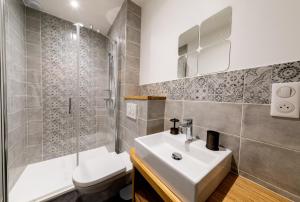 a bathroom with a sink and a toilet and a shower at Le Garage, Le Gite in Fontevraud-l'Abbaye