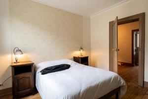 a bedroom with a bed and two night stands with lamps at Le Garage, Le Gite in Fontevraud-l'Abbaye