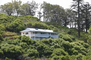 una casa en medio de una colina con árboles en White House Ocean View Spa Villa, en Burnt Pine