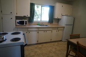 a kitchen with white cabinets and a stove and a microwave at Westward Inn & Suites in Langley