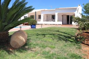 un coco grande sentado en el césped frente a una casa en Villa Sa Vinyeta, en Sant Llorenç de Balàfia