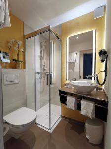 a bathroom with a shower and a toilet and a sink at Hotel Brienzersee in Ringgenberg