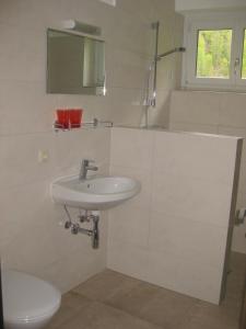 La salle de bains blanche est pourvue d'un lavabo et de toilettes. dans l'établissement Ferienhaus Mendlingbauer, à Lassing
