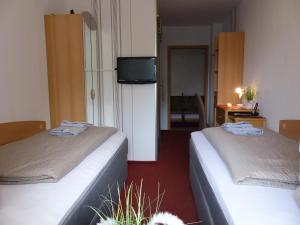 a hotel room with two beds and a television at Hotel/Restaurant Balkan in Sömmerda