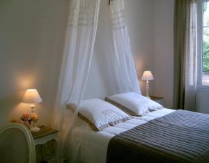 a bedroom with a bed with a mosquito net at La Villa Camille in La Creche