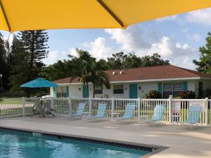 a pool with chairs and umbrellas next to a house at Addy's Villas in Venice