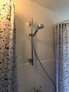 a shower head in a bathroom with a shower curtain at Bed & coffee Hjørring in Hjørring