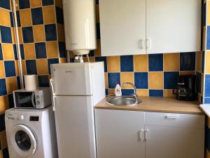 a kitchen with a white refrigerator and a sink at Apartament Marian Mangalia in Mangalia
