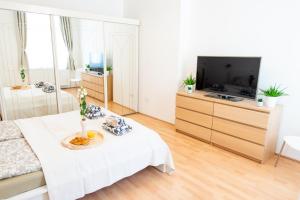 ブダペストにあるWess11 Budapest Downtownのテーブルとテレビのあるリビングルーム