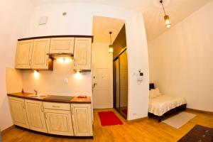 a kitchen with a sink and a bed in a room at Apartament Kopernik in Kraków