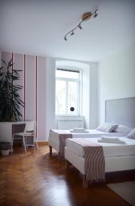 een witte kamer met 2 bedden en een raam bij Flat Belpoggio 13 in Trieste