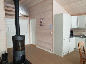 a living room with a wood stove in a room at Nedre Strand Hytteutleie in Vradal