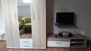 een spiegel in een kamer met een televisie op een tafel bij Fewo Abendsonne in Jannowitz
