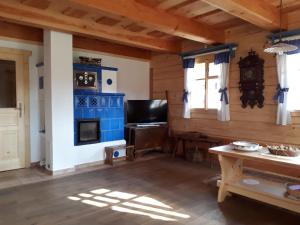 a living room with a fireplace in a wooden house at Chalupa Pomněnka in Komorní Lhotka