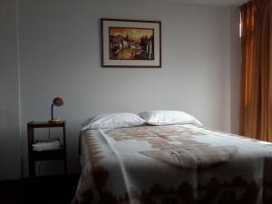 een slaapkamer met een bed met een foto aan de muur bij Royal Sweet Dreams Airport B&B in Lima