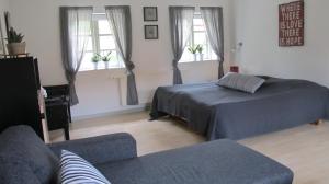 a bedroom with two beds and a couch and windows at Birkende Bed and Breakfast in Langeskov
