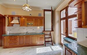 une cuisine avec des placards en bois et une échelle dans l'établissement Apartamenty Tessa Jagiellońska, à Katowice 70 autres photos