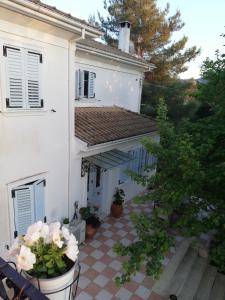 une maison blanche avec des fleurs en pots sur une terrasse dans l'établissement La Casa di Caterina, à Leucade