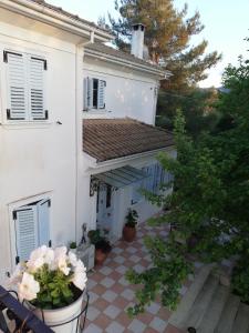 a white house with flowers in pots on a patio at La Casa di Caterina in Lefkada