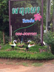 dois cisnes num jardim em frente a uma placa em Pruksa Resort Prachin Buri em Prachin Buri