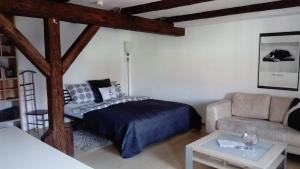een slaapkamer met een bed, een bank en een tafel bij Apartment Regensburg in Regensburg