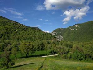 a field with trees and mountains in the background at La Corte di Nonna Quercia in Cagli