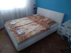 ein Bett in einem Schlafzimmer mit einem weißen Bettrahmen in der Unterkunft Cozy Blue Room Prešov in Prešov