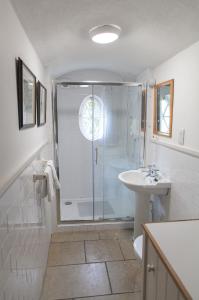 Castletownroche的住宿－Anne's Grove Miniature Castle，带淋浴和盥洗盆的浴室