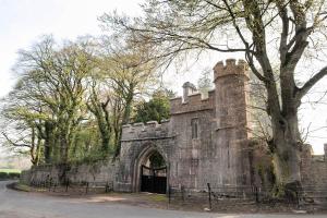 un viejo castillo con una puerta y un árbol en Anne's Grove Miniature Castle en Castletownroche