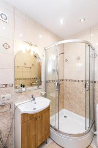 uma casa de banho com um chuveiro e um lavatório. em Eksporta Street Apartment em Riga