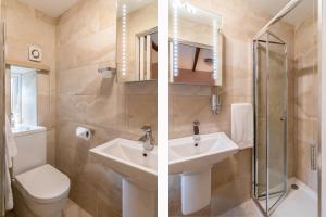 2 fotos de un baño con lavabo y aseo en stilworth house, en Helmsley