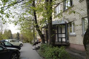 a house with cars parked on the side of the street at Anyksciu liuksas in Anykščiai