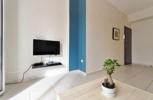 a living room with a tv and a potted plant at Courtyard Apt - Central Athens in Athens