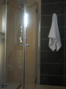een douche met een glazen deur met een handdoek erop bij U Derca in Gnieżdżewo
