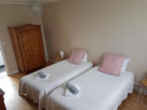 2 camas individuales en una habitación con almohadas rosas en Le Pré Fleuri, en Curlu