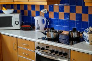 a kitchen with a stove with two pots on it at Korali in Symi