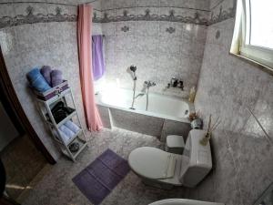 a bathroom with a toilet and a bath tub at Korali in Symi